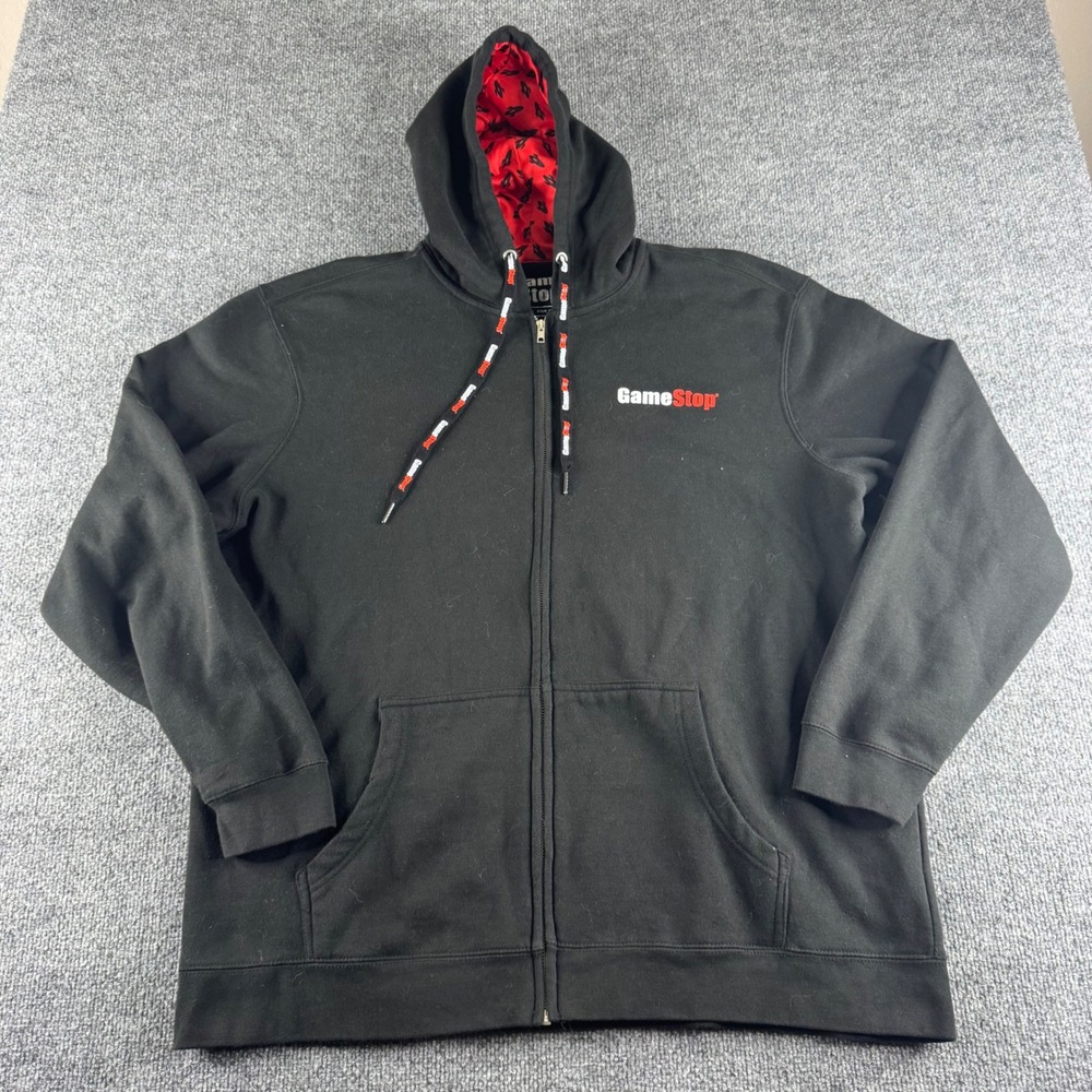 GameStop Mens Full Zip Hoodie Black Red Rocket Ship Lining 2XL Sweatshirt